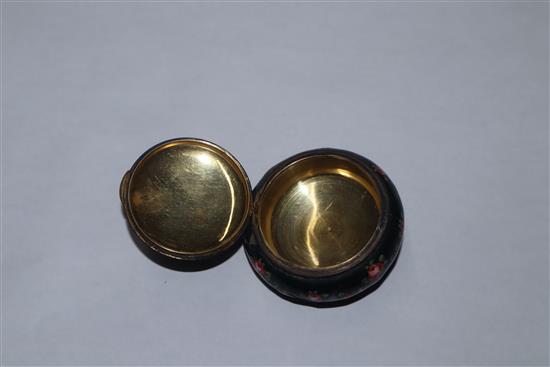 A Japanese ivory cane handle, a faux amber lion-dog and an enamel and ivory pill box